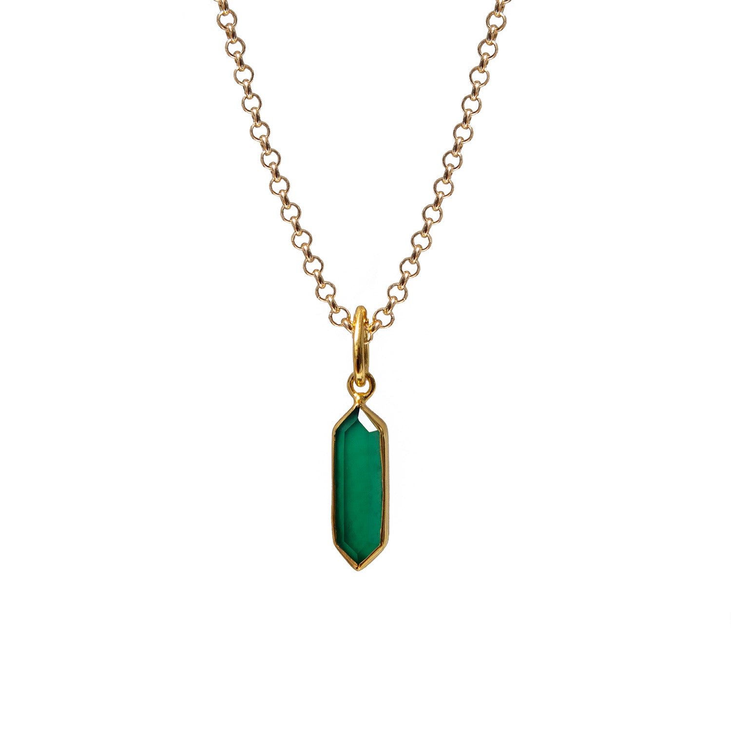 Geometric Green Onyx Pendant On Long Baby Belcher Chain