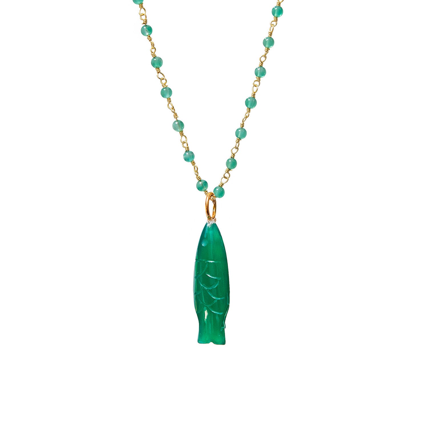 Hand Carved Green Onyx Fish Pendant On Rosary Or Satellite Chain