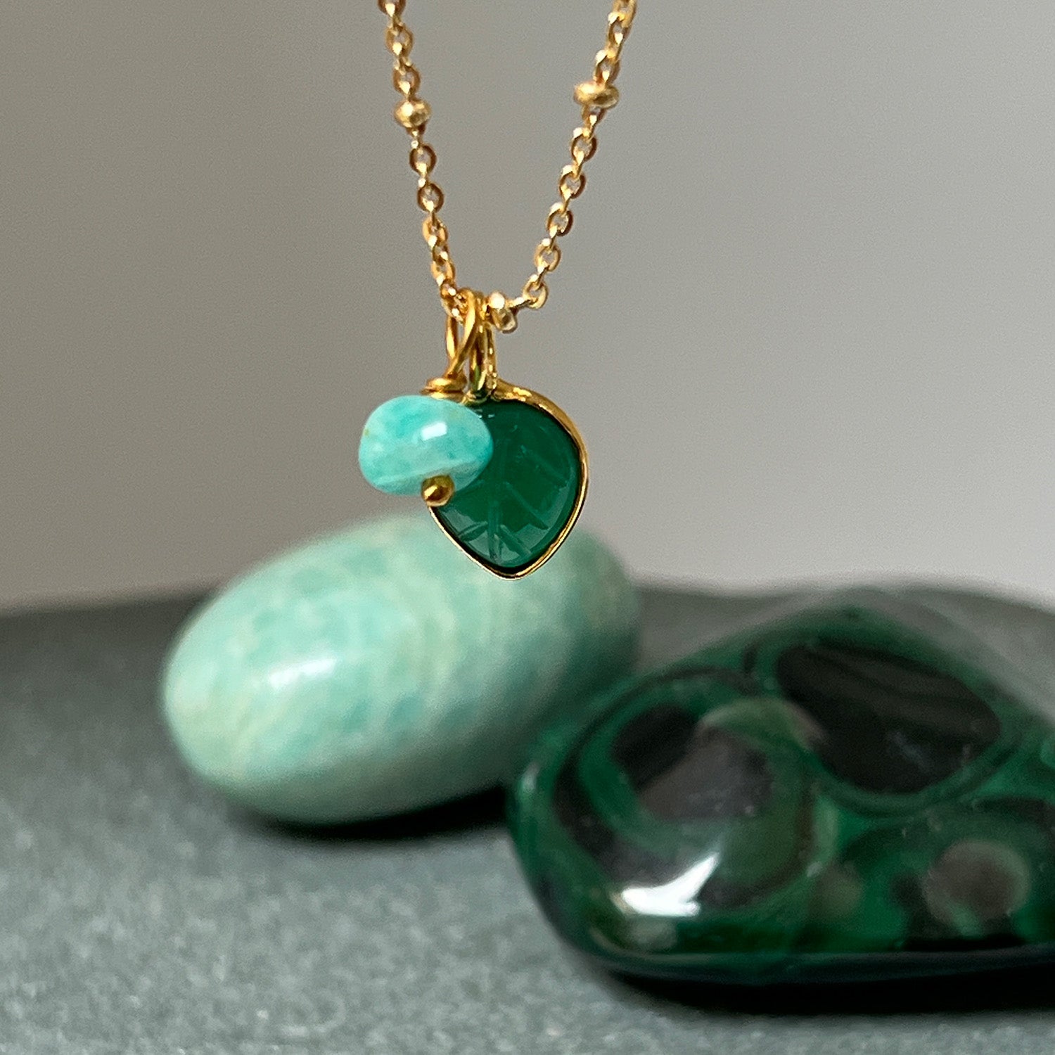 Green Onyx Carved Leaf With Amazonite On Short Satellite Chain