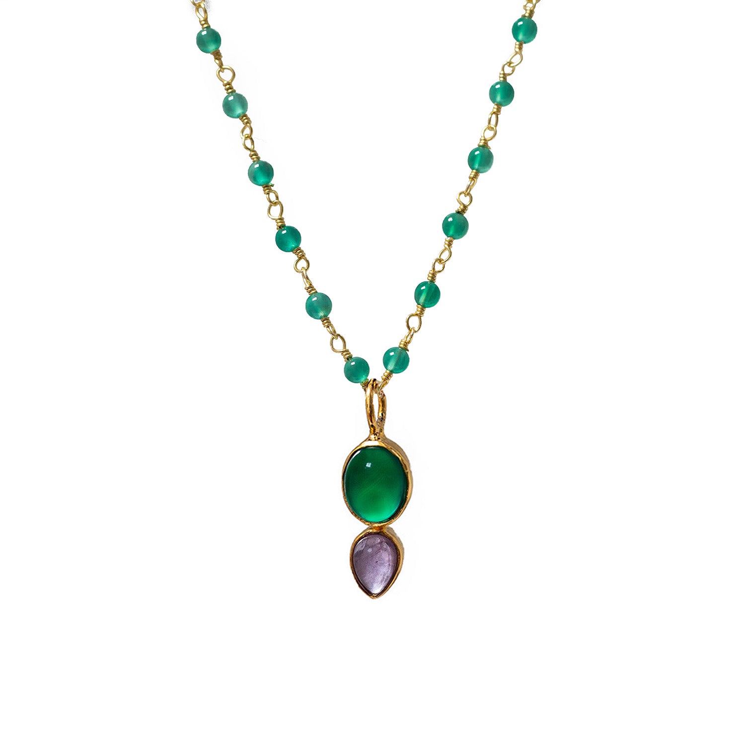 Shakti Green Onyx And Amethyst Pendant On Short Green Onyx Rosary