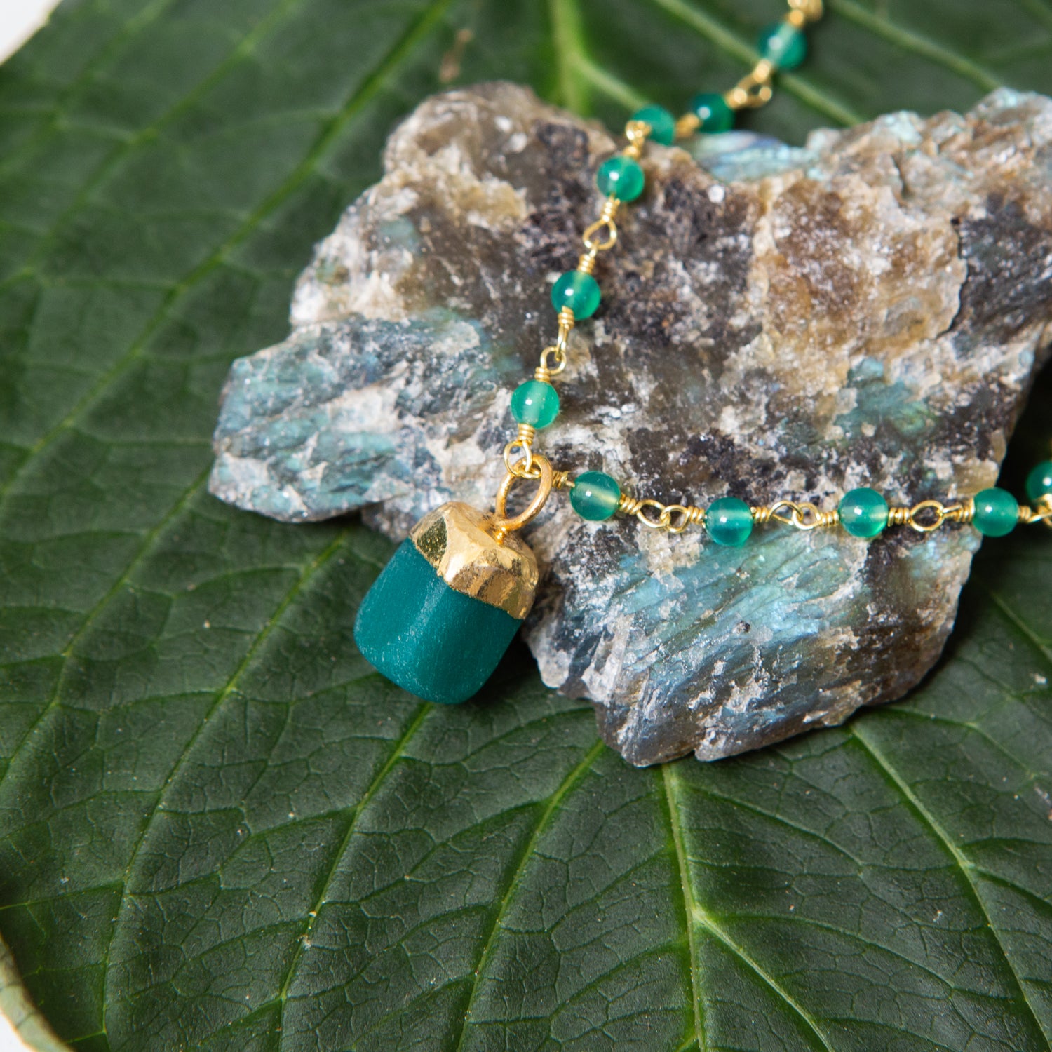 Raw Green Onyx Geometric Pendant On Short Green Onyx Rosary