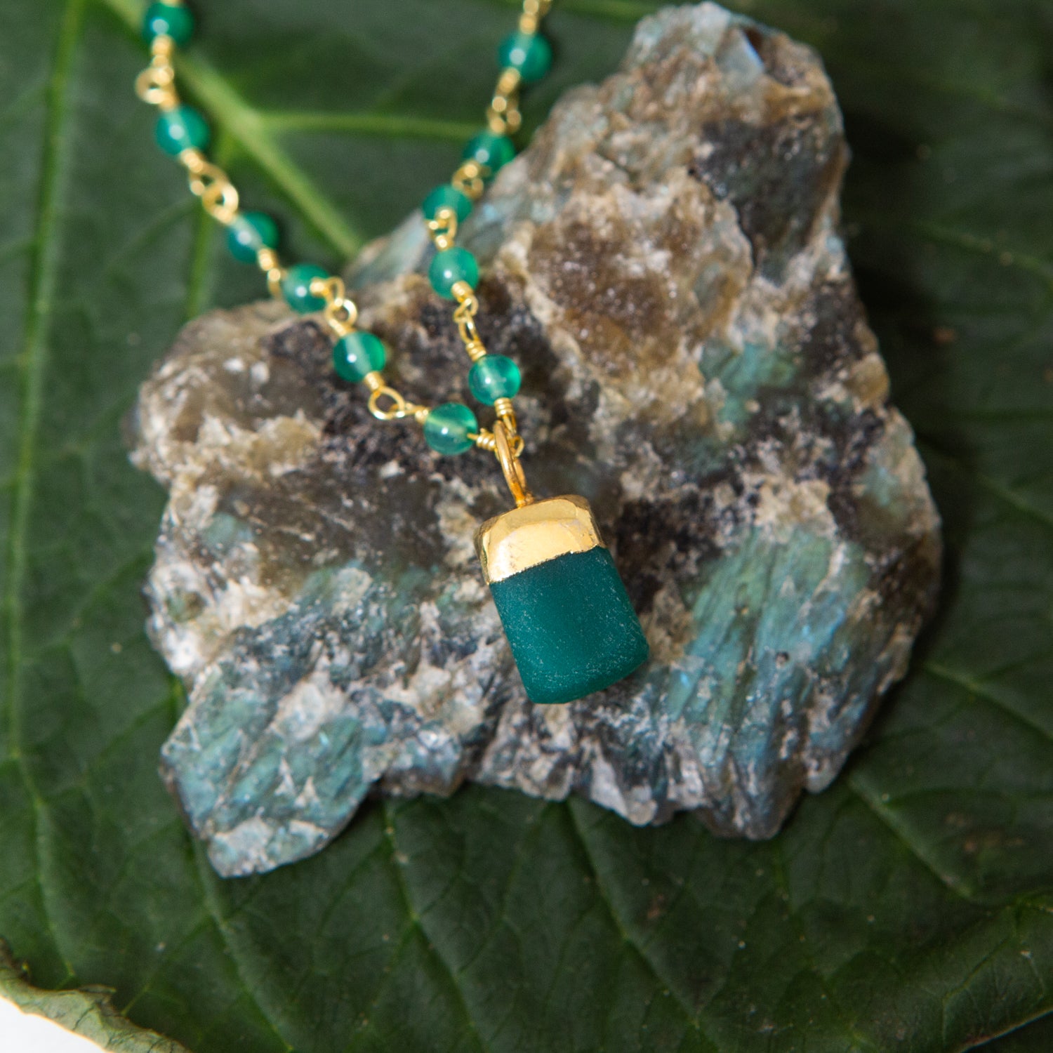 Raw Green Onyx Geometric Pendant On Short Green Onyx Rosary