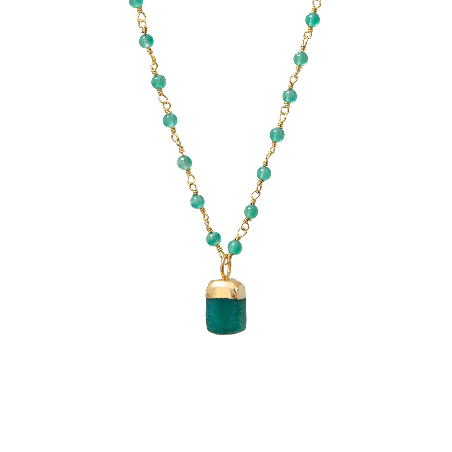 Raw Green Onyx Geometric Pendant On Short Green Onyx Rosary