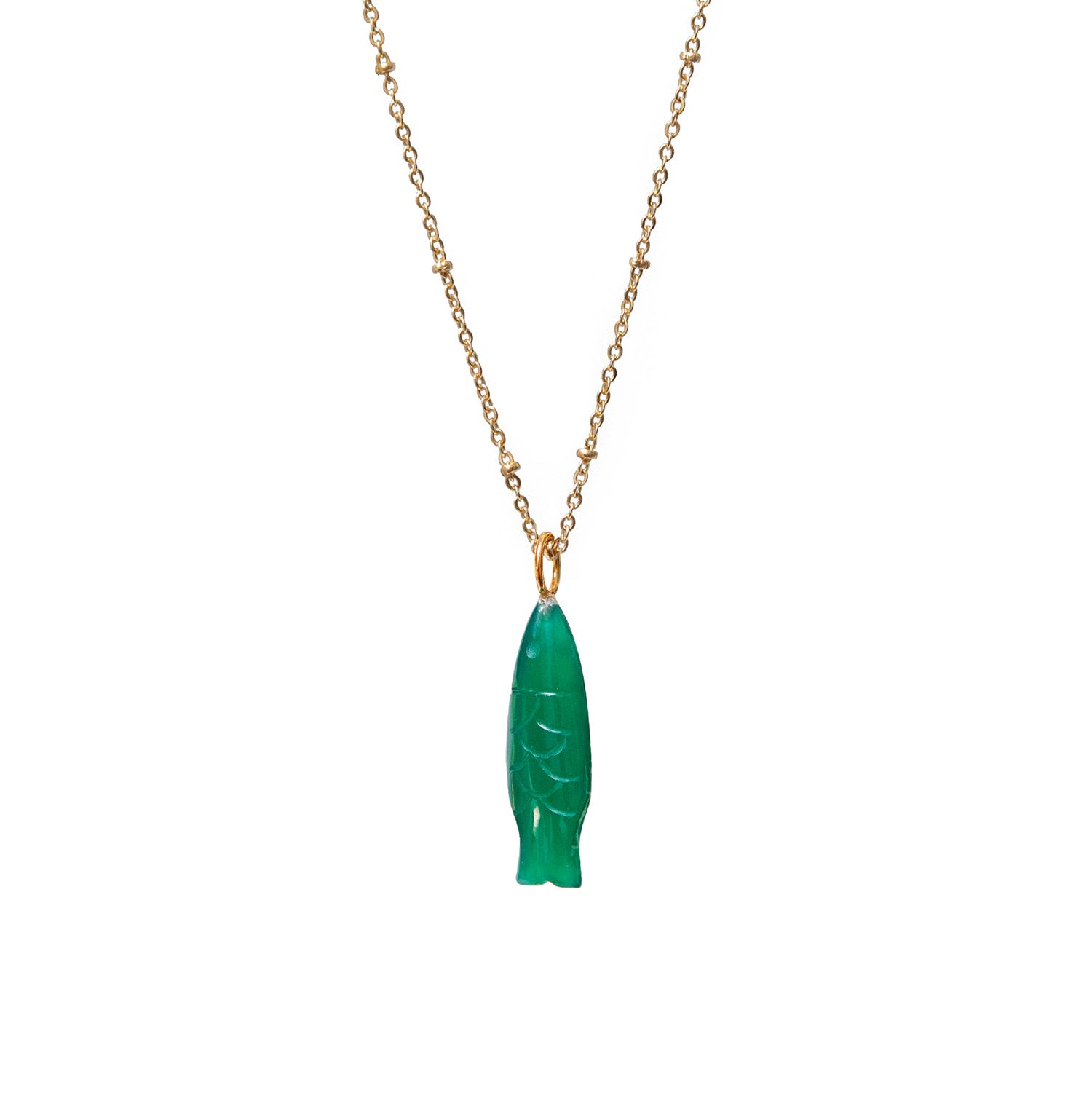 Hand Carved Green Onyx Fish Pendant On Rosary Or Satellite Chain