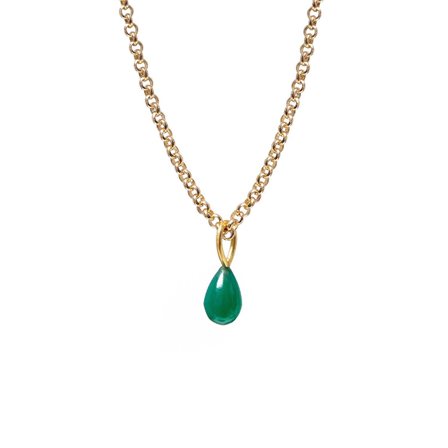 Green Onyx Drop Pendant On Long Baby Belcher Chain