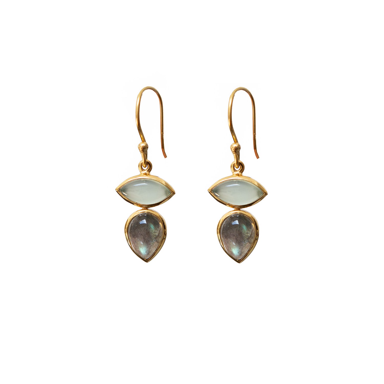 Gold-plated earrings with labradorite and aqua chalcedony on a white background