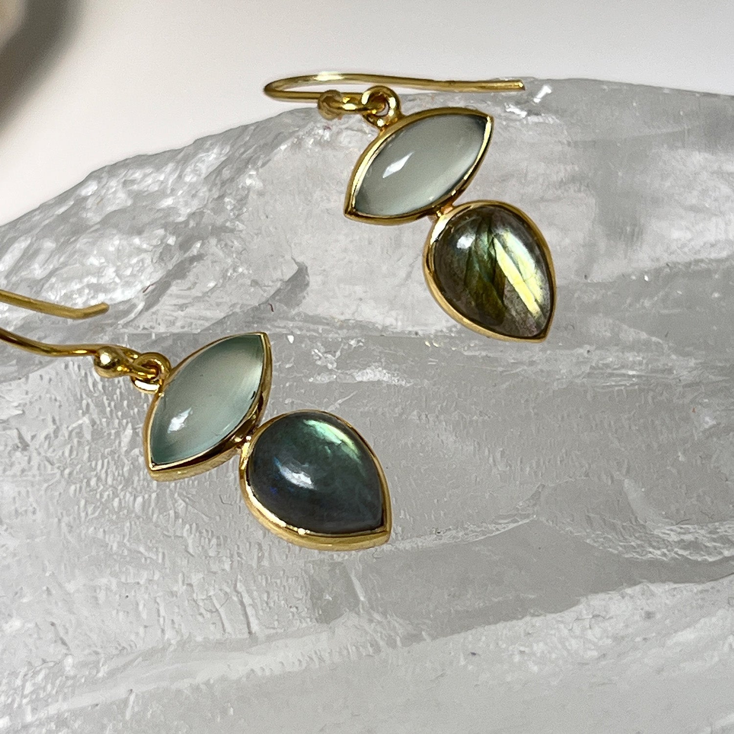 Gold-plated earrings with labradorite and aqua chalcedony on a crystal background