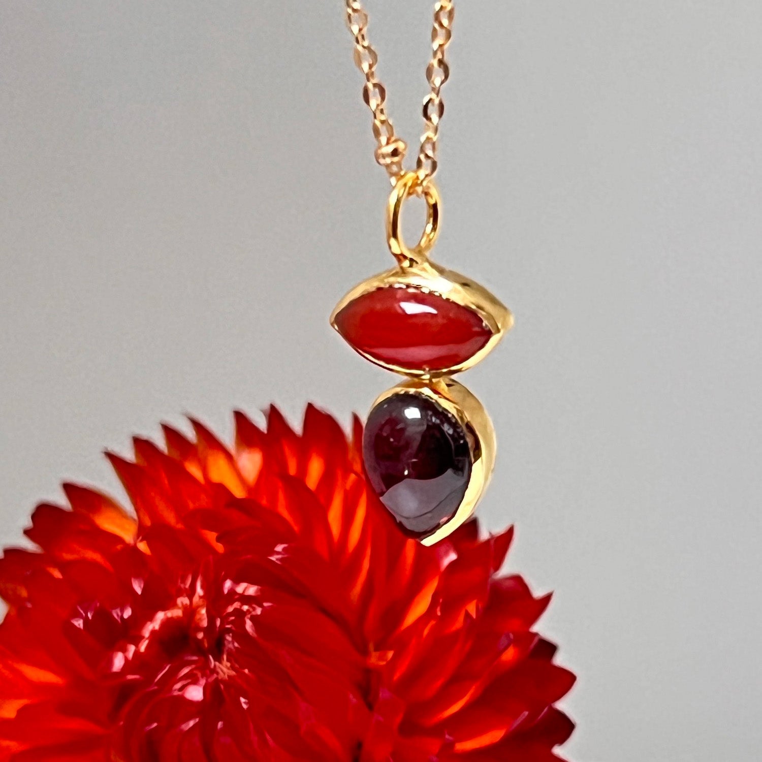Indira Two Stone Red Onyx And Garnet Pendant Fancy Rosary or Satellite chain