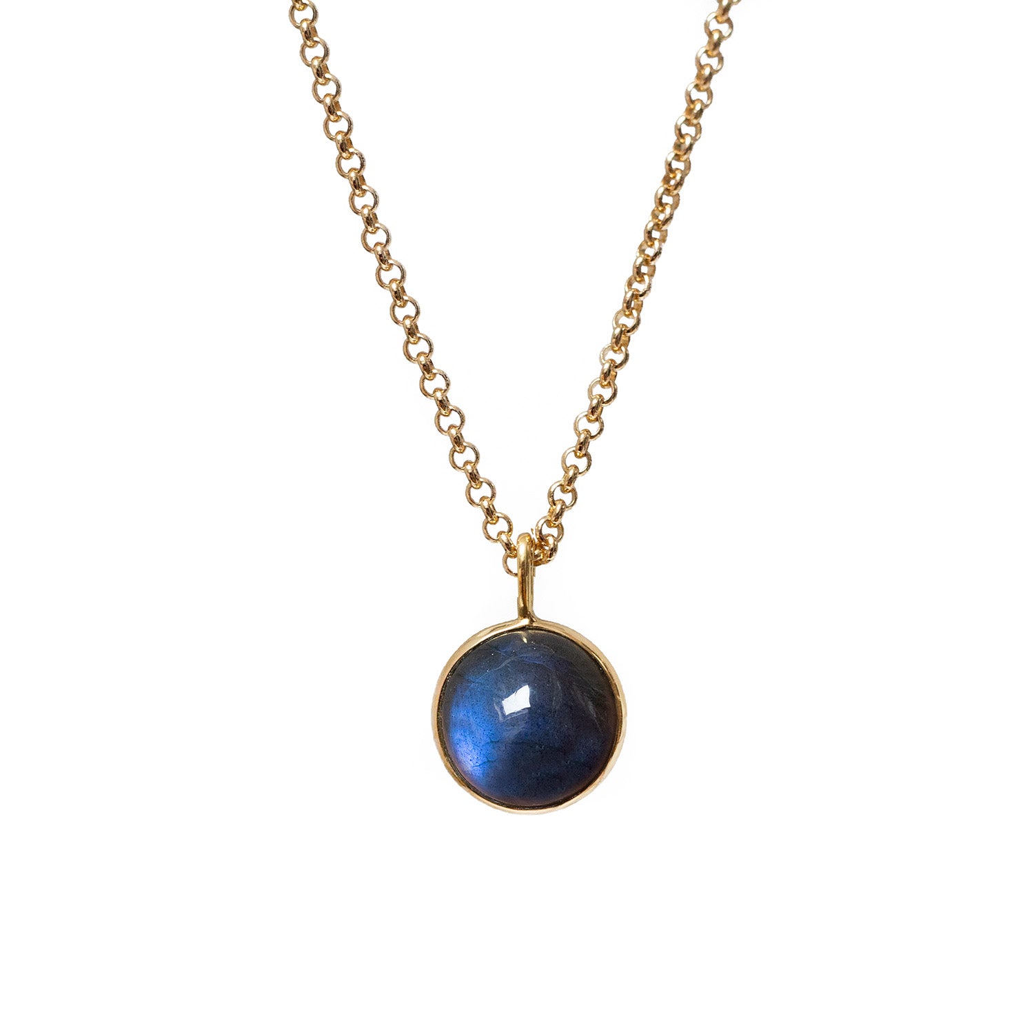 Chunky Labradorite Cabochon Pendant On Long Baby Belcher Chain