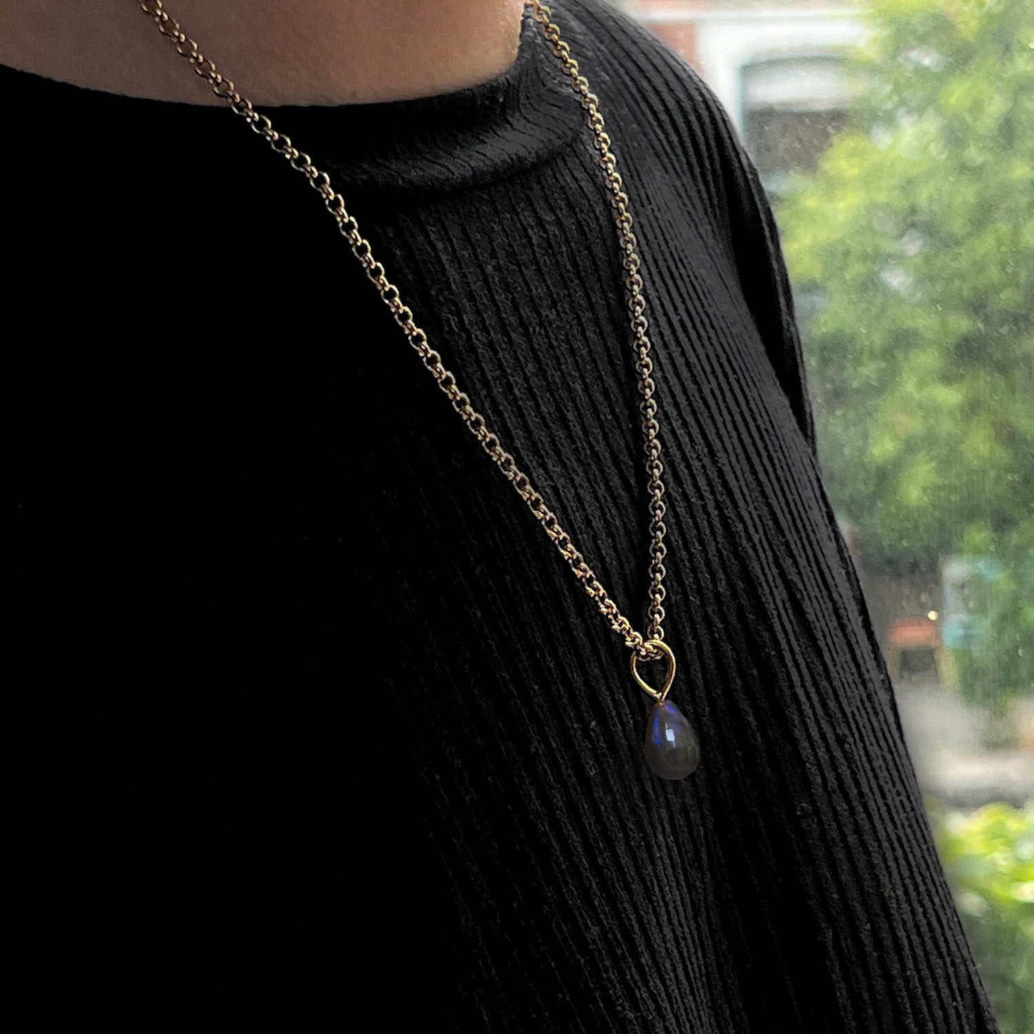 Labradorite Drop Pendant On Long Baby Belcher Chain
