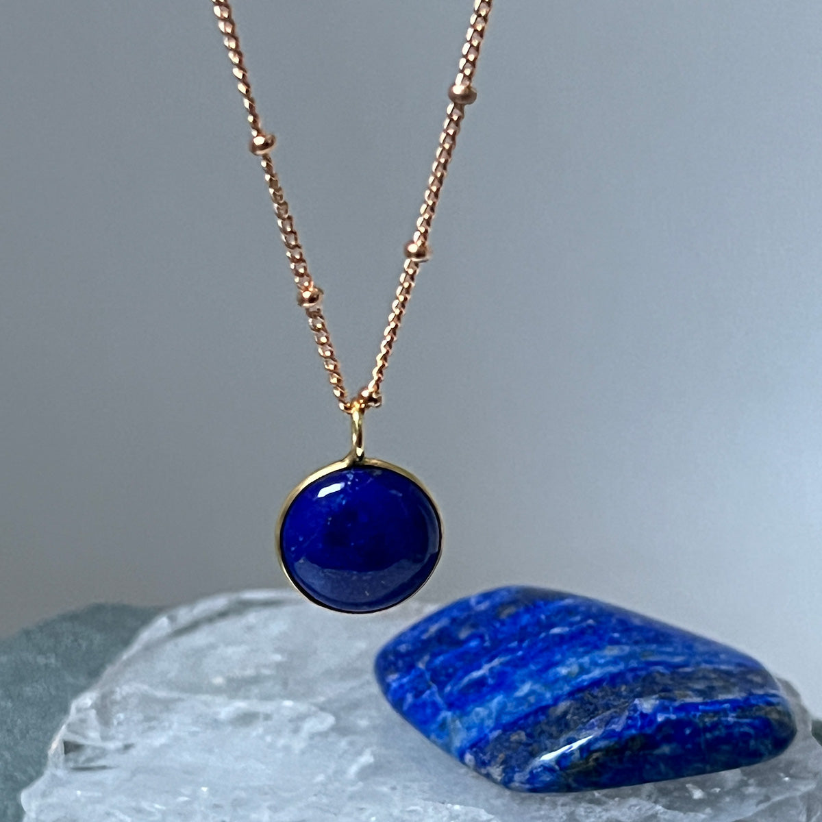 Lapis Domed Cabochon Pendant on Long Biba Chain