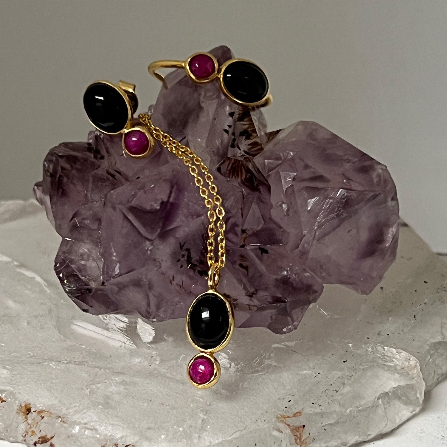 Manis Two Stone Black Onyx & Ruby Earrings