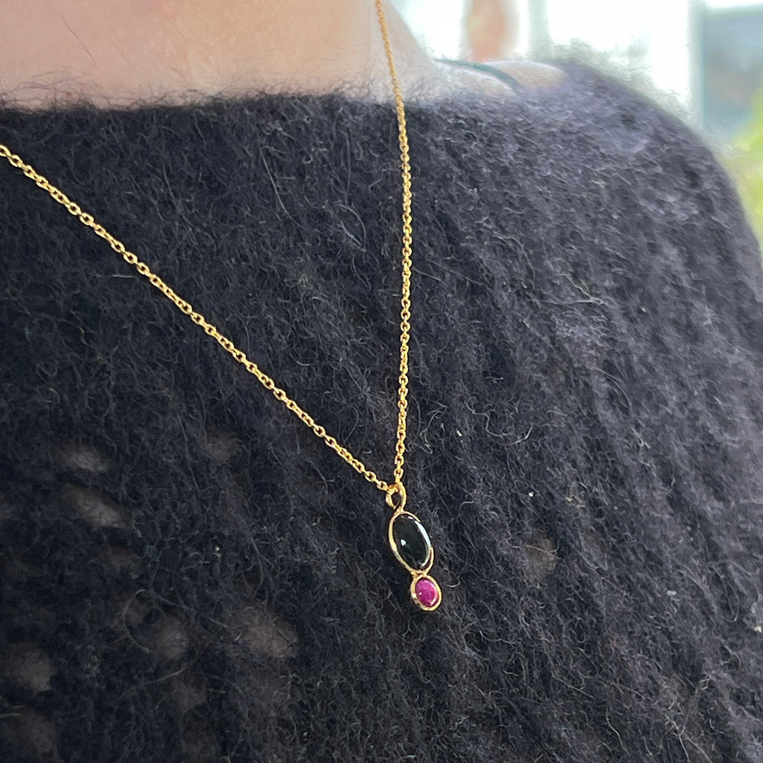 Manis Two Stone Black Onyx & Ruby Pendant On Short Simple Chain