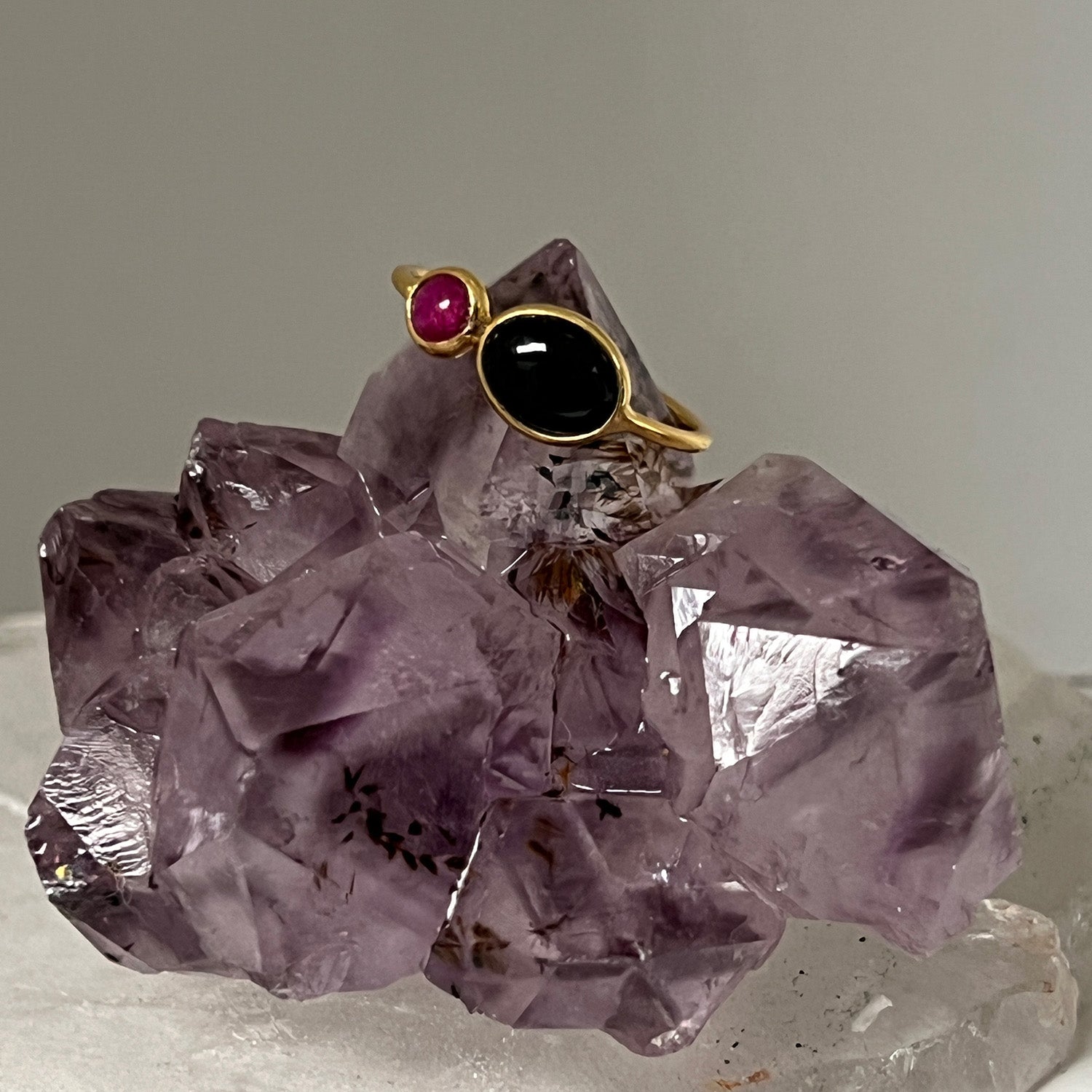 Manis Two Stone Black Onyx Ruby Ring