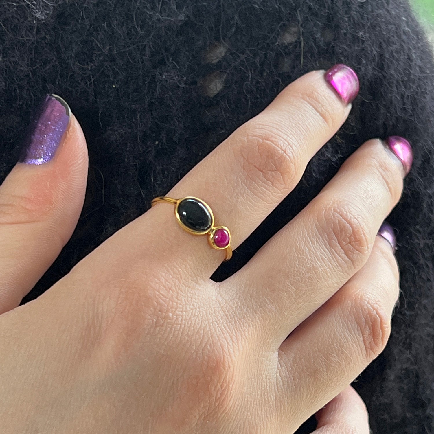 Manis Two Stone Black Onyx Ruby Ring