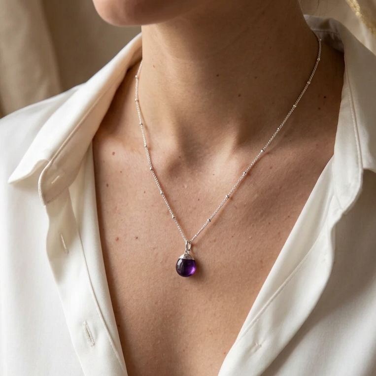 Mini Pebble Pendant Amethyst On Sterling Silver