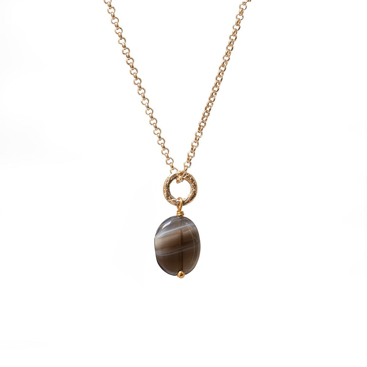 Mirabelle Jewellery small freeform Botswana agate pendant on a 22ct gold plated brass baby belcher chain with extender.