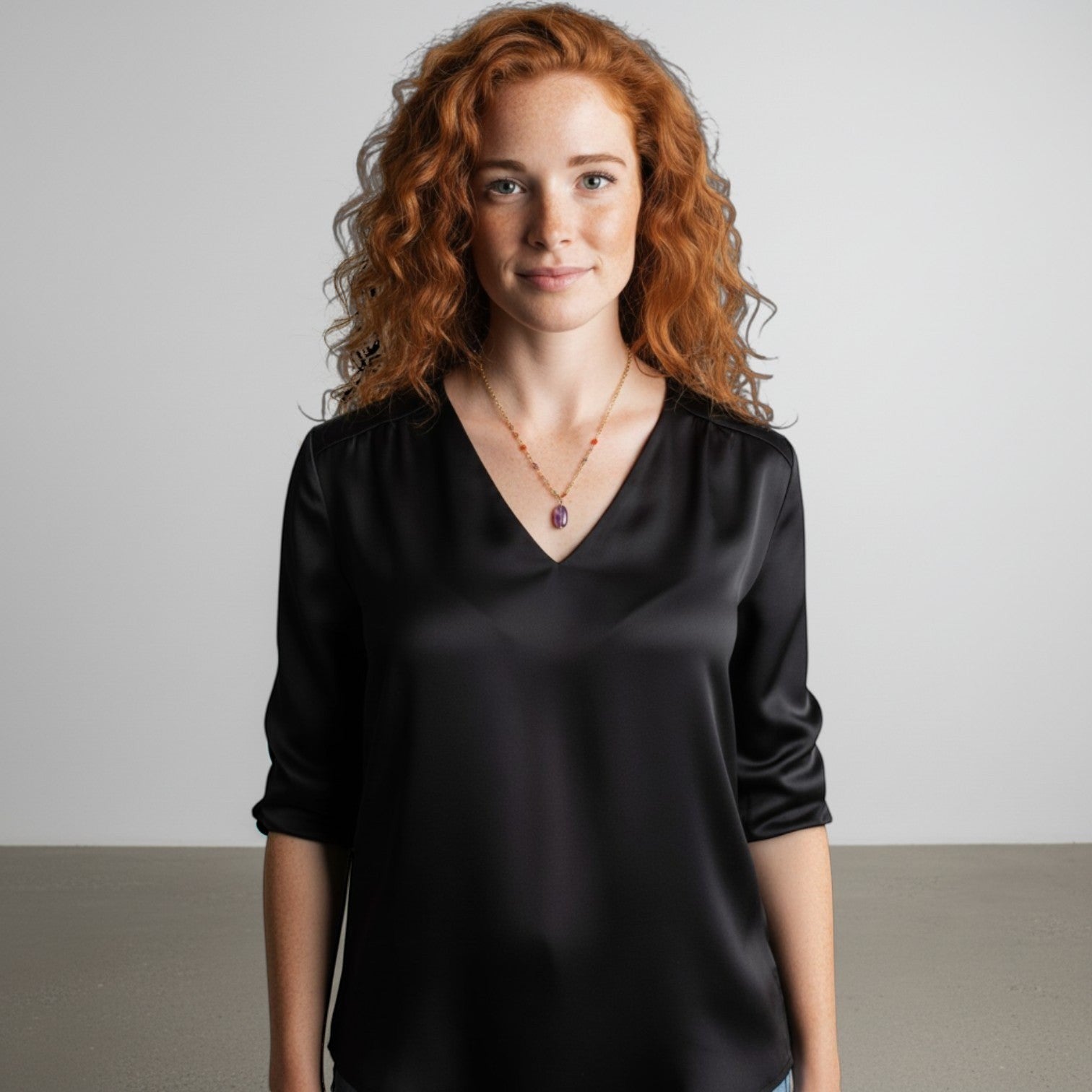 Mirabelle Jewellery gold plated brass rosary necklace with smooth amethyst drop and multi-coloured semi-precious stones.