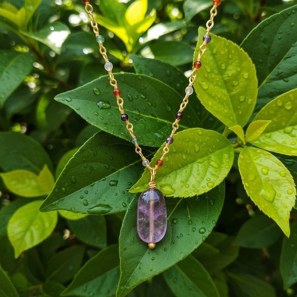 Mirabelle Jewellery gold-plated brass rosary necklace with smooth amethyst drop and multi-coloured semi-precious stones.