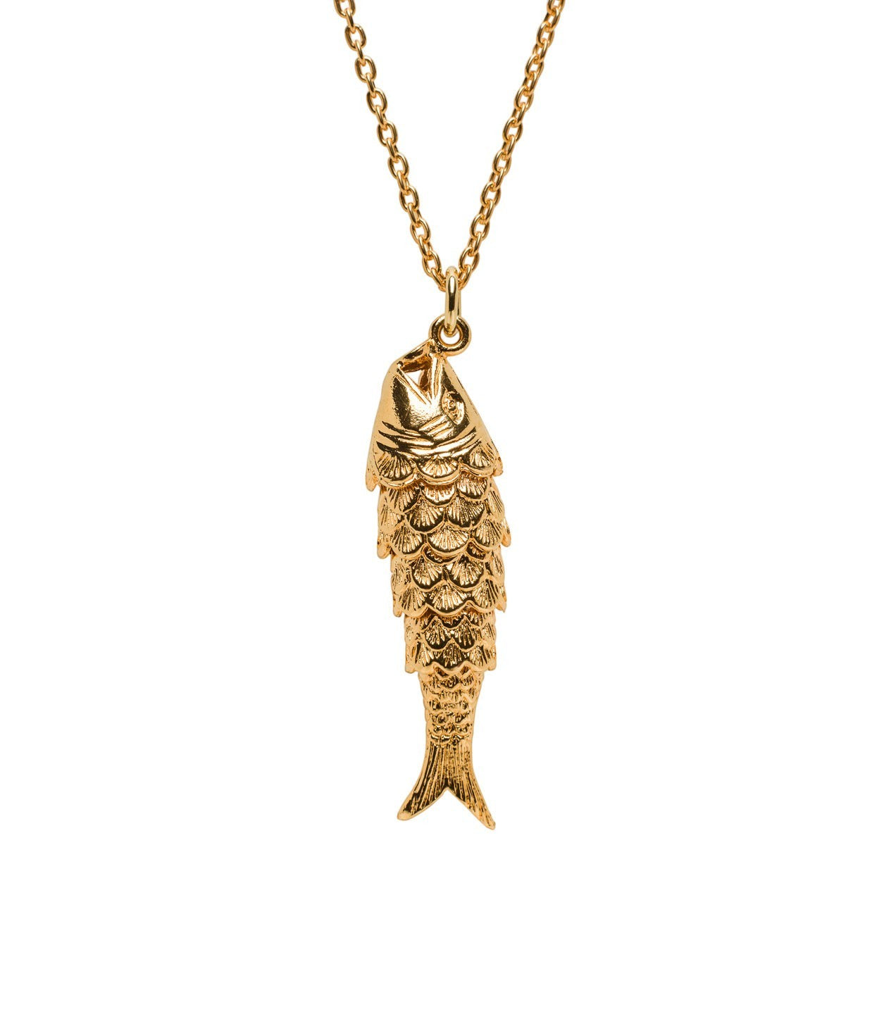 Mirabelle Jewellery gold plated recycled brass articulated fish charm necklace with 60cm satellite chain.