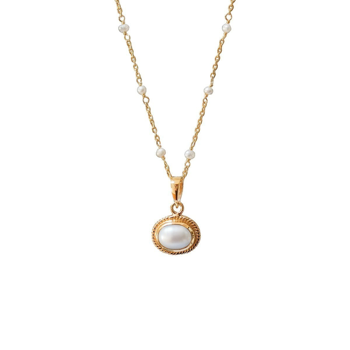 Mirabelle Jewellery Athena freshwater pearl pendant on a gold plated brass rosary chain with small pearl accents.