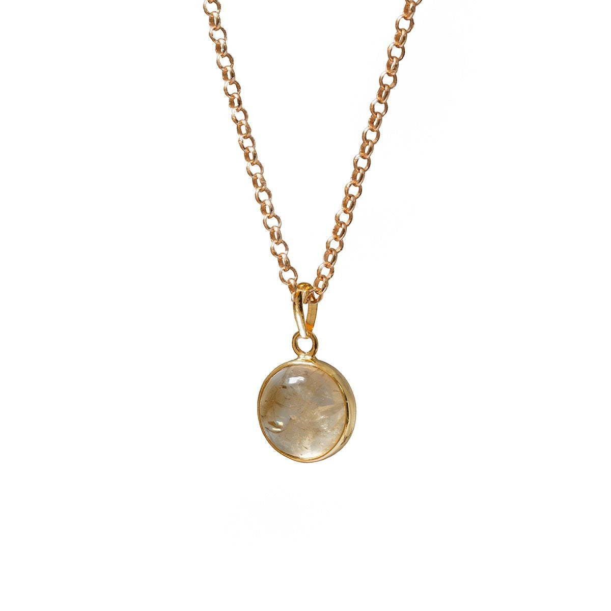 Mirabelle Jewellery gold-plated brass pendant necklace with a round citrine cabochon featuring inclusions on a long baby belcher chain.
