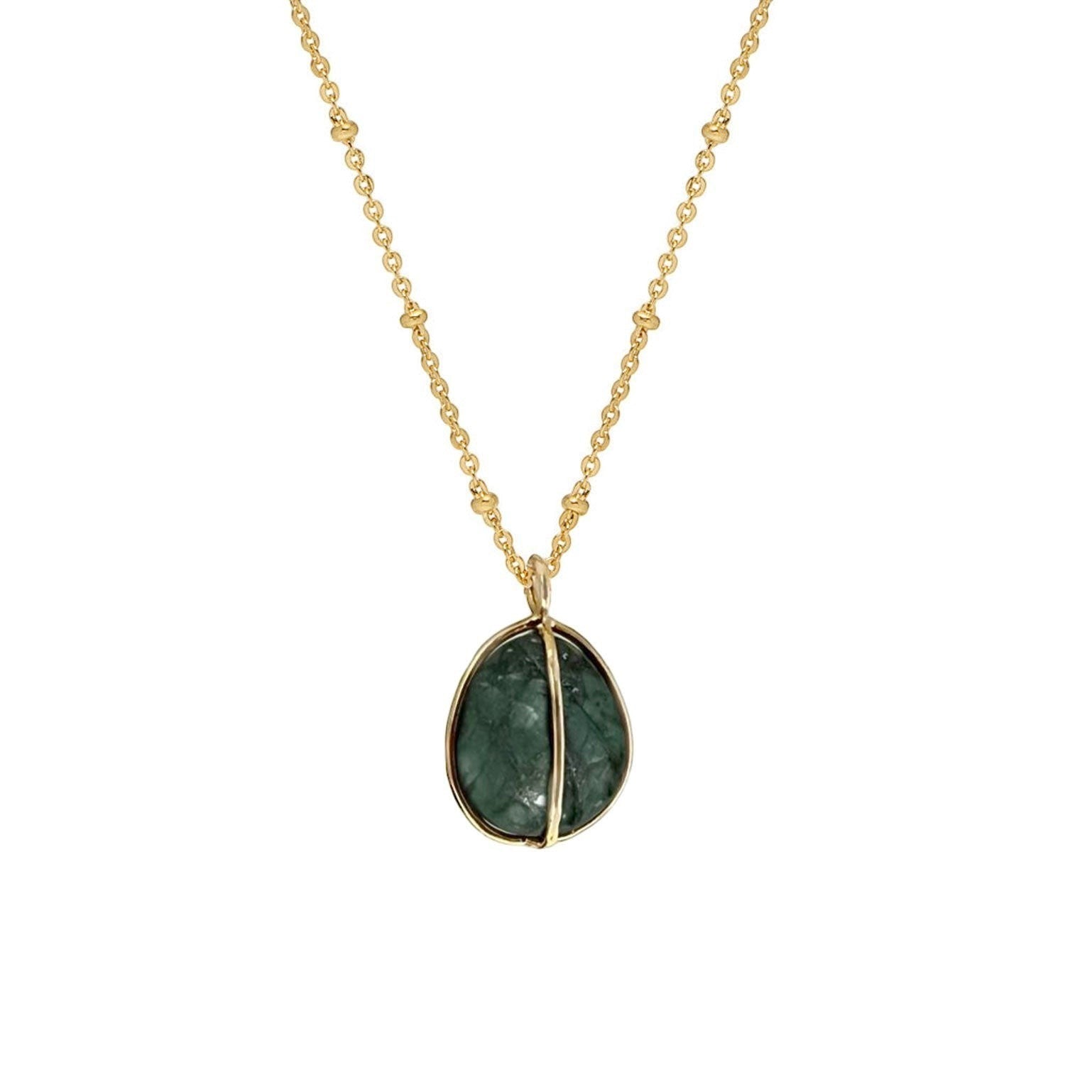 Mirabelle Jewellery freeform raw tumbled emerald pebble pendant on a gold satellite chain, 57cm plus 3cm extender.