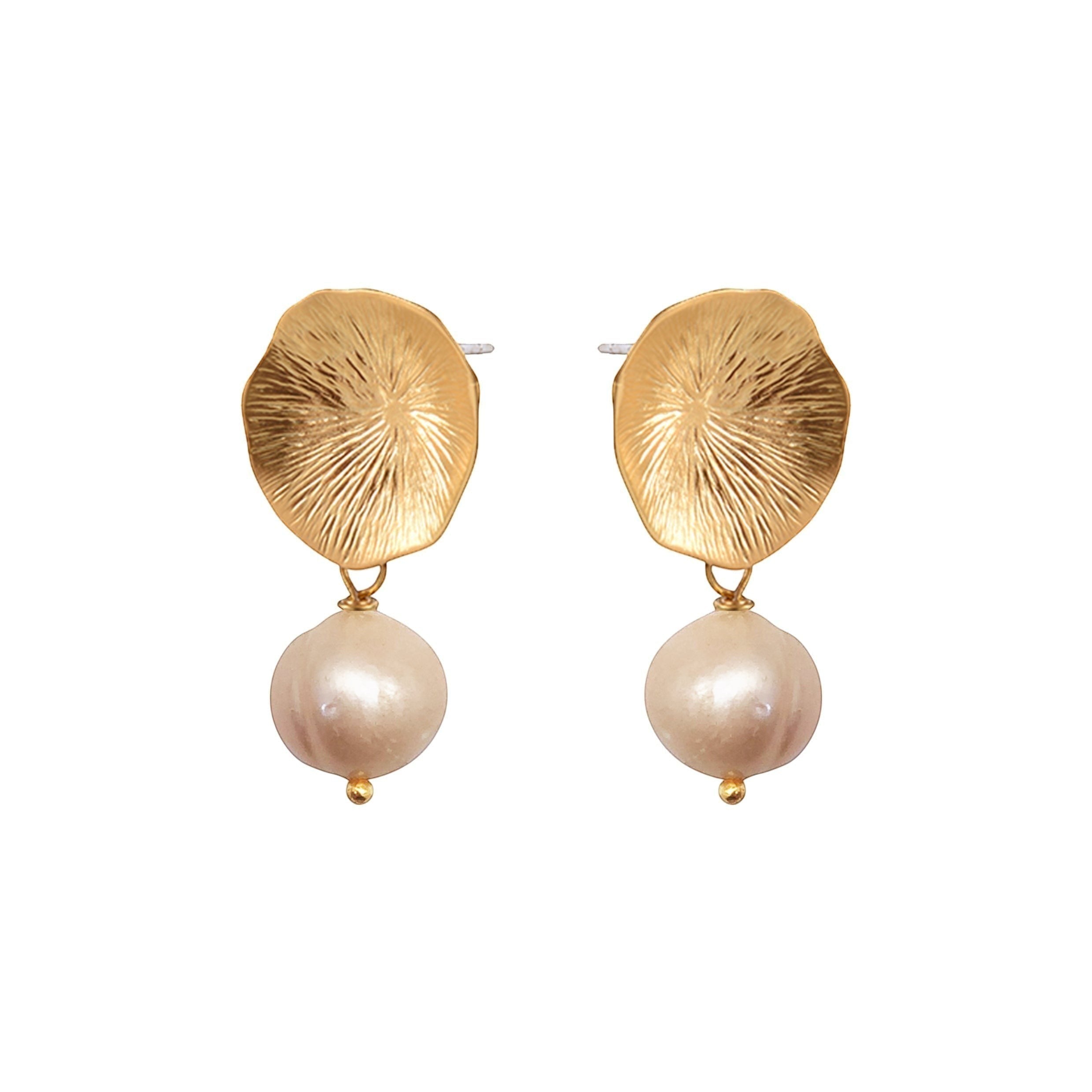 Mirabelle Jewellery gold plated brass coral stud earrings with peach pearls. 22ct gold plated.