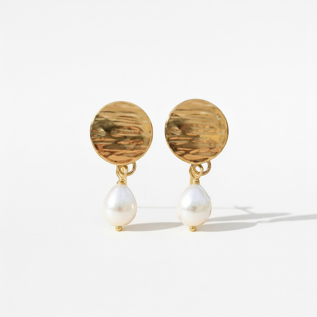 Mirabelle Jewellery gold-tone hammered disc earrings with white pearl drops.