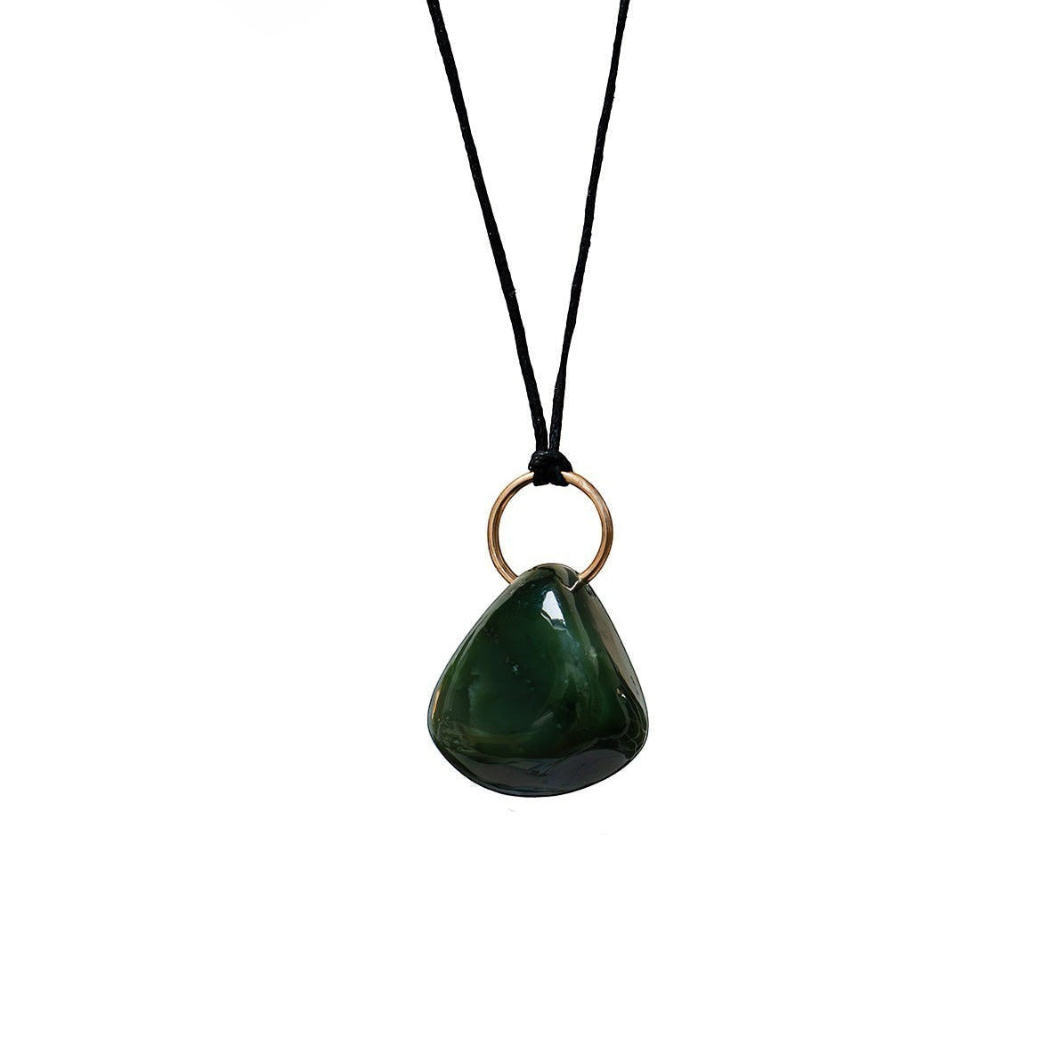 Mirabelle Jewellery large earthy green jade pebble pendant on a 60cm black cord with a gold-tone ring.