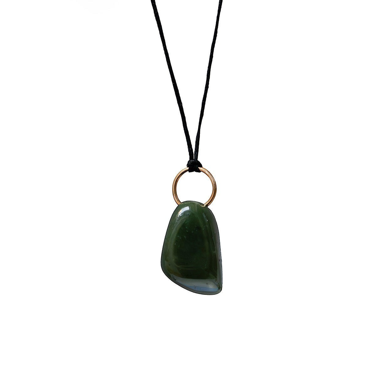 Mirabelle Jewellery large earthy green jade pebble pendant on a 60cm black cord with a gold-tone ring.