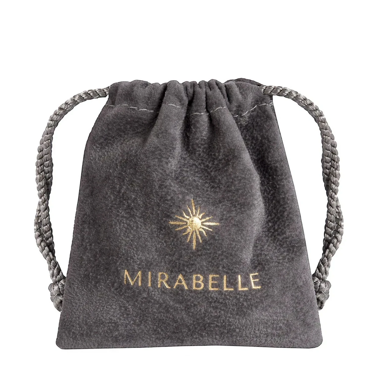 Mirabelle Jewellery grey suede pouch with gold sunburst logo and name