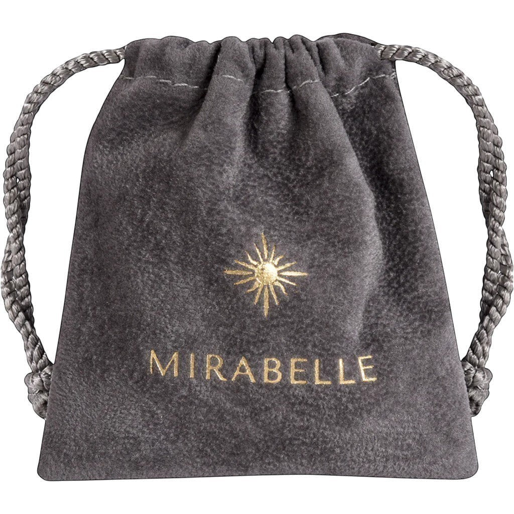 Mirabelle Jewellery grey velvet pouch with gold sunburst logo and name embroidered.