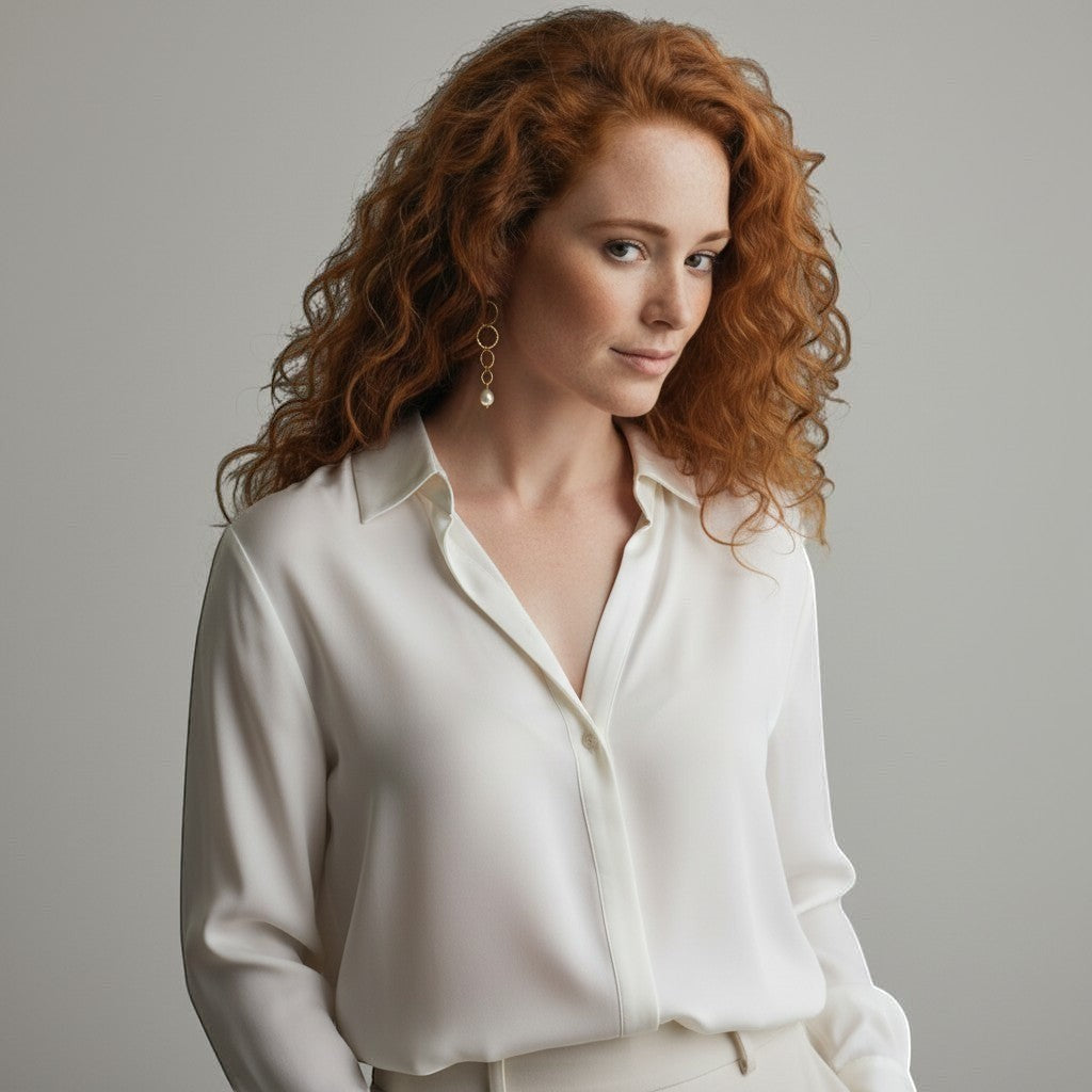 Mirabelle Jewellery hammered gold hoop and pearl drop earrings worn by a model with red curly hair.