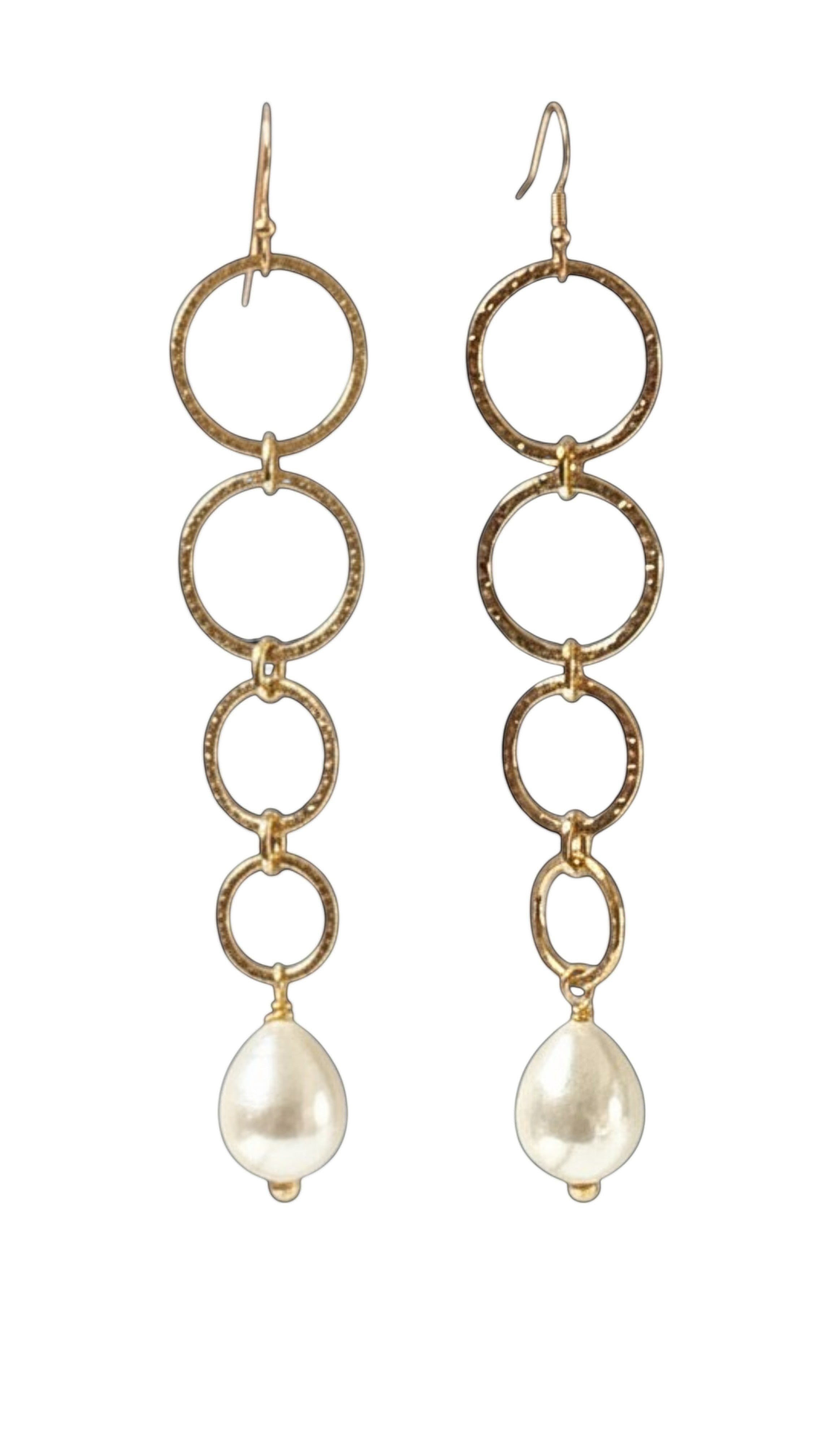 Mirabelle Jewellery gold hammered hoop and pearl drop earrings. Long loop design with mother of pearl.