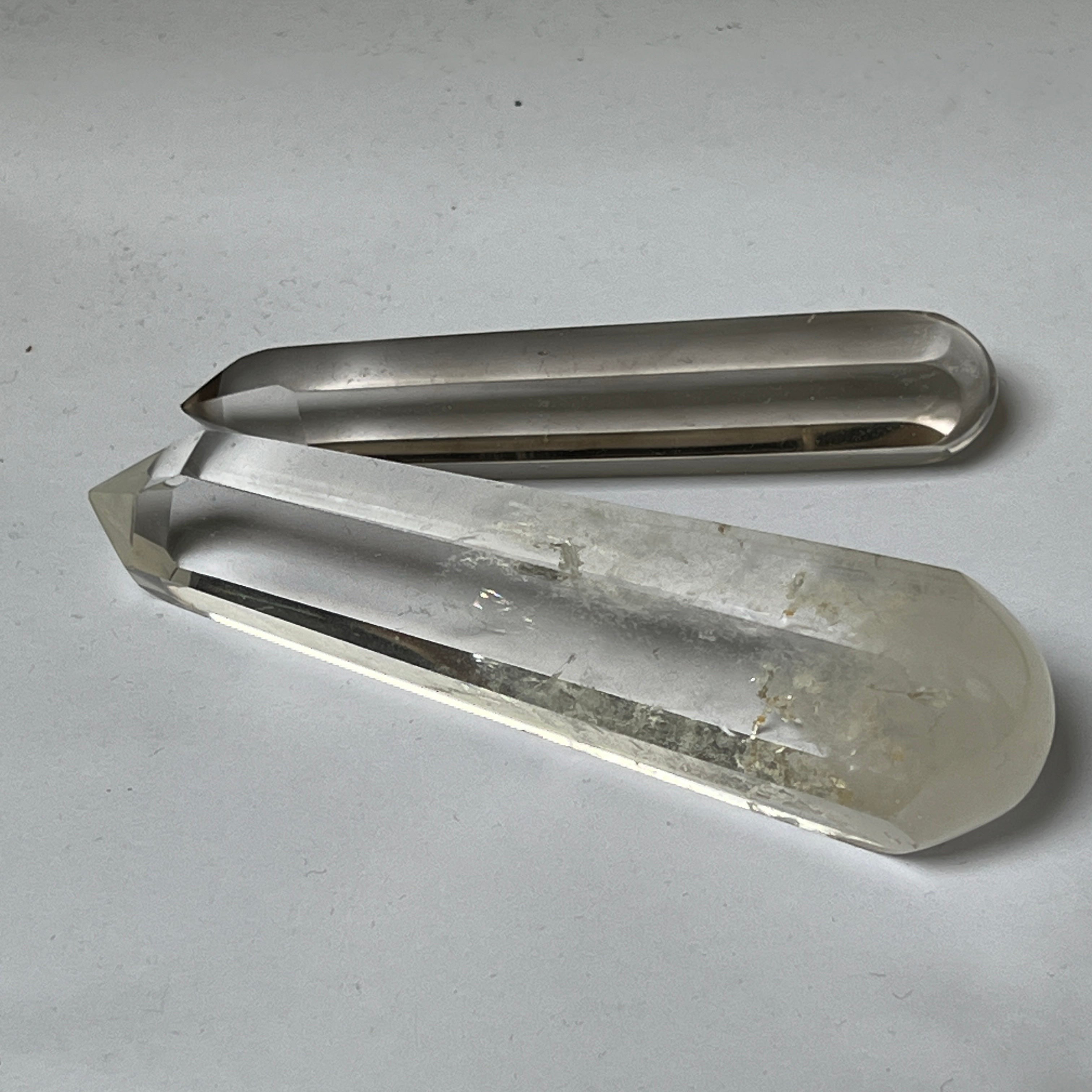 Mirabelle Jewellery set of Madagascar rock crystal and light smoky quartz healing wands for meditation and energy work.