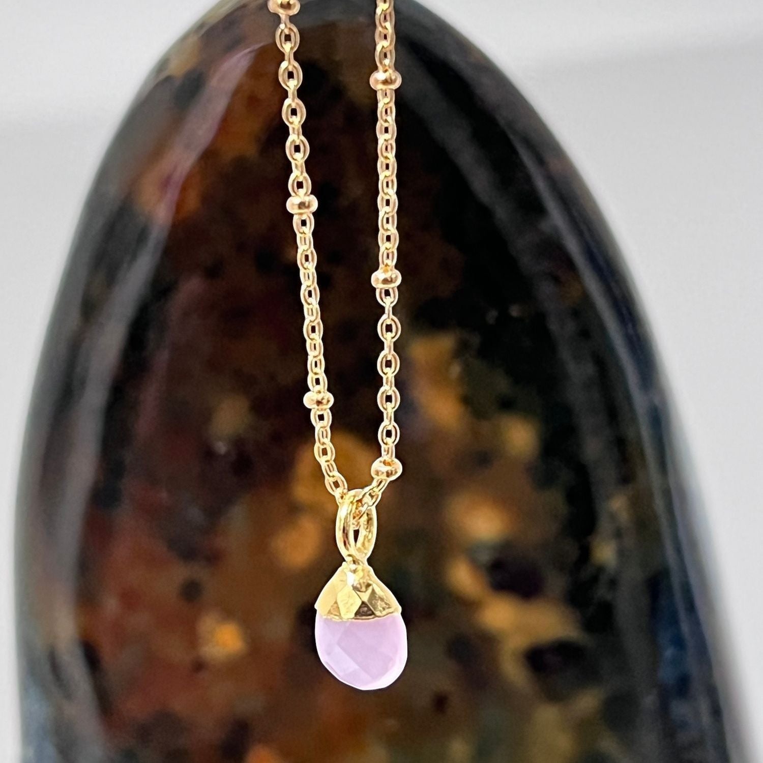 Mirabelle Jewellery gold plated satellite chain necklace with a pink chalcedony briolette pendant.