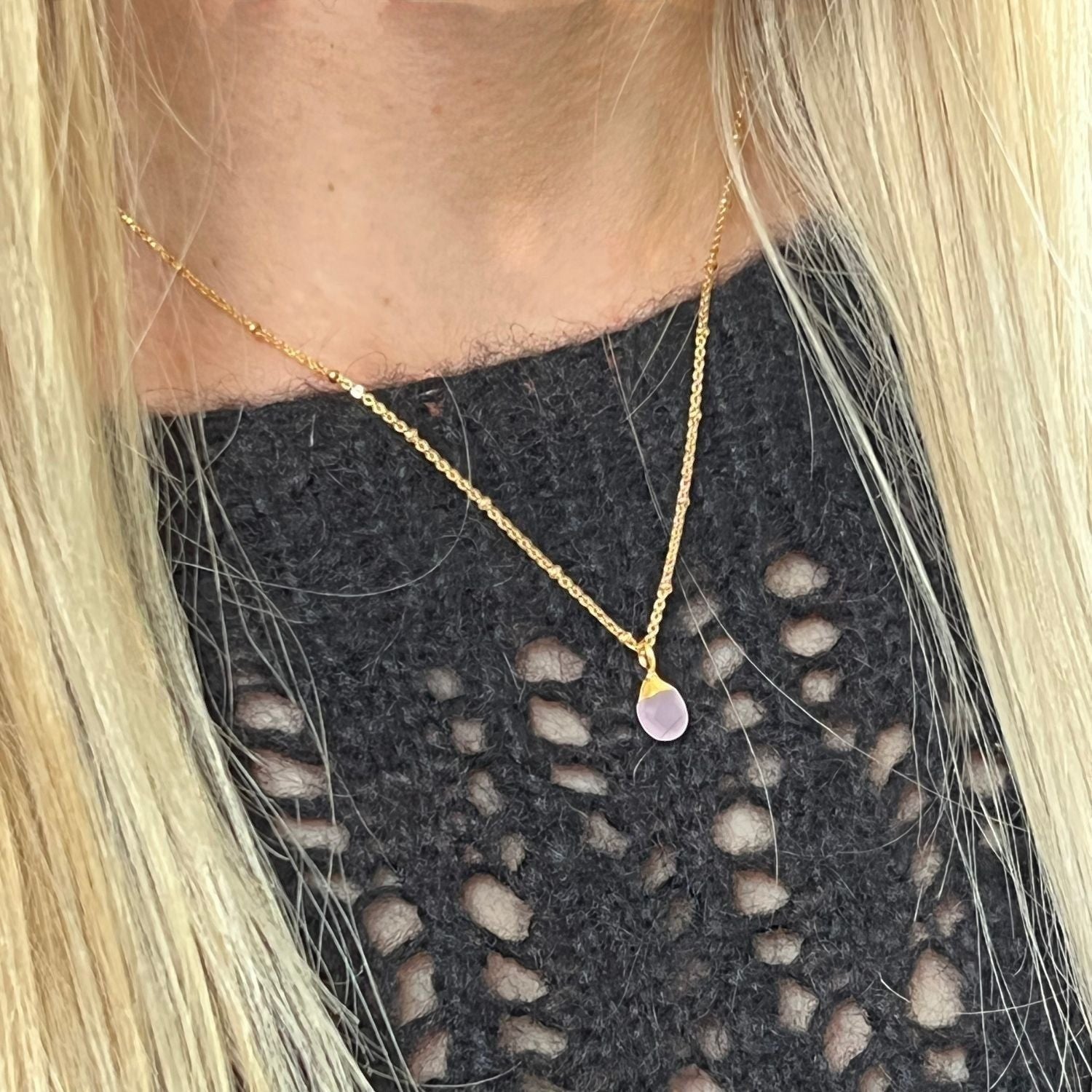Mirabelle Jewellery gold plated satellite chain necklace with a pink chalcedony briolette pendant.