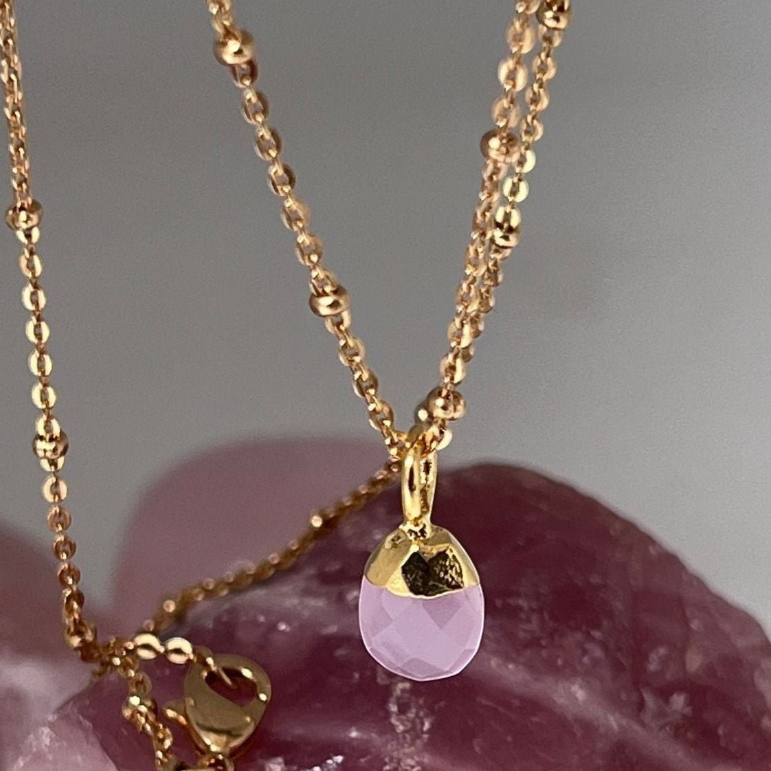 Fancy Ruby Rosary  with Pink Chalcedony Briolette