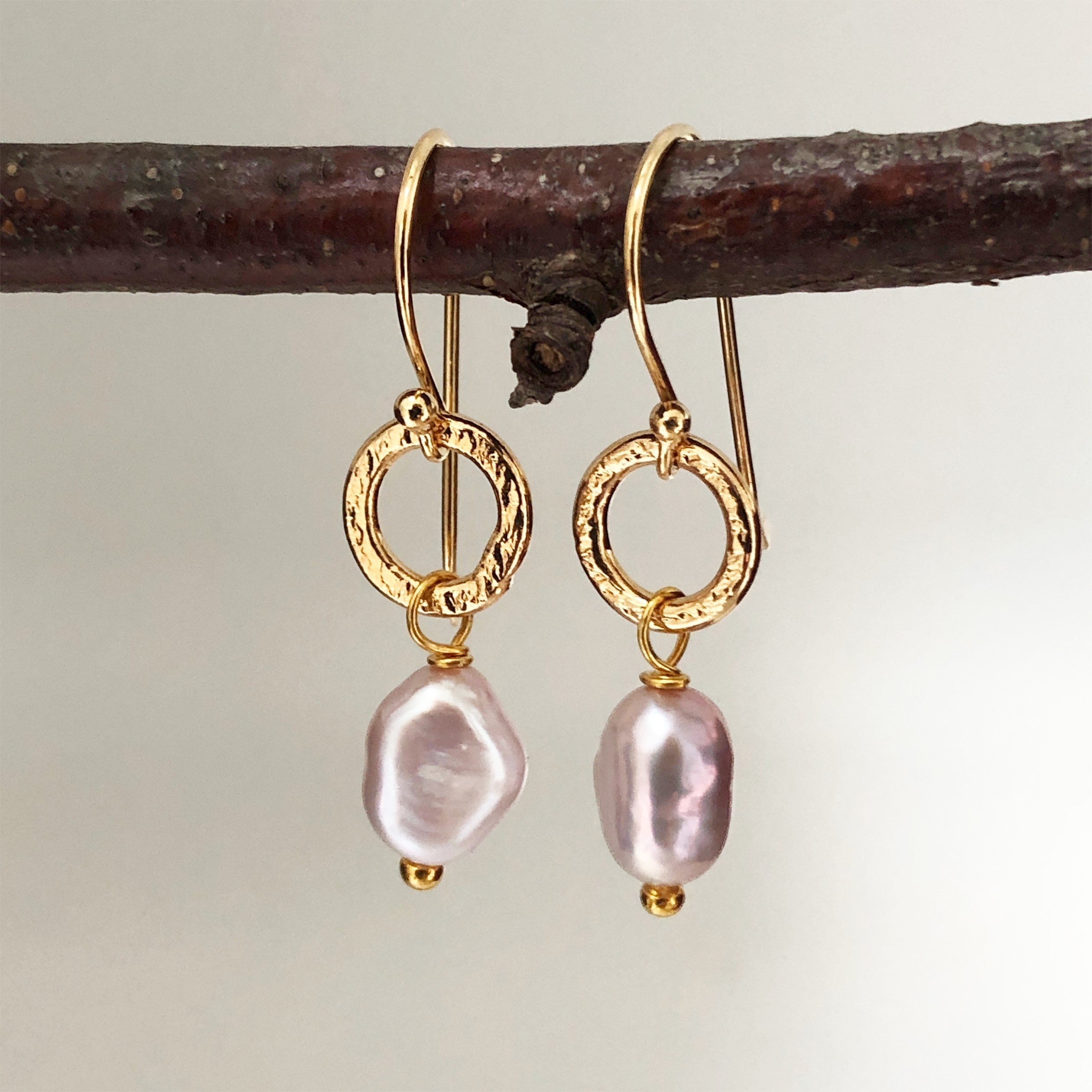 Mirabelle Jewellery Gita small baroque pink pearl earrings with gold plated brass hoops and sterling silver hooks.