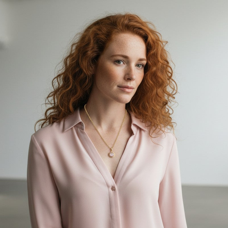 Mirabelle Jewellery Athena rose quartz pendant on a 22ct gold plated baby belcher chain worn by a red-haired woman.