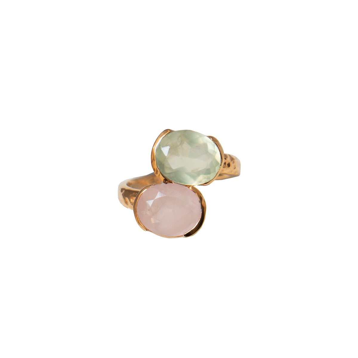 Mirabelle Jewellery adjustable ring with two oval gemstones: pale pink rose quartz and light green prehnite, set in 22ct gold plated brass.