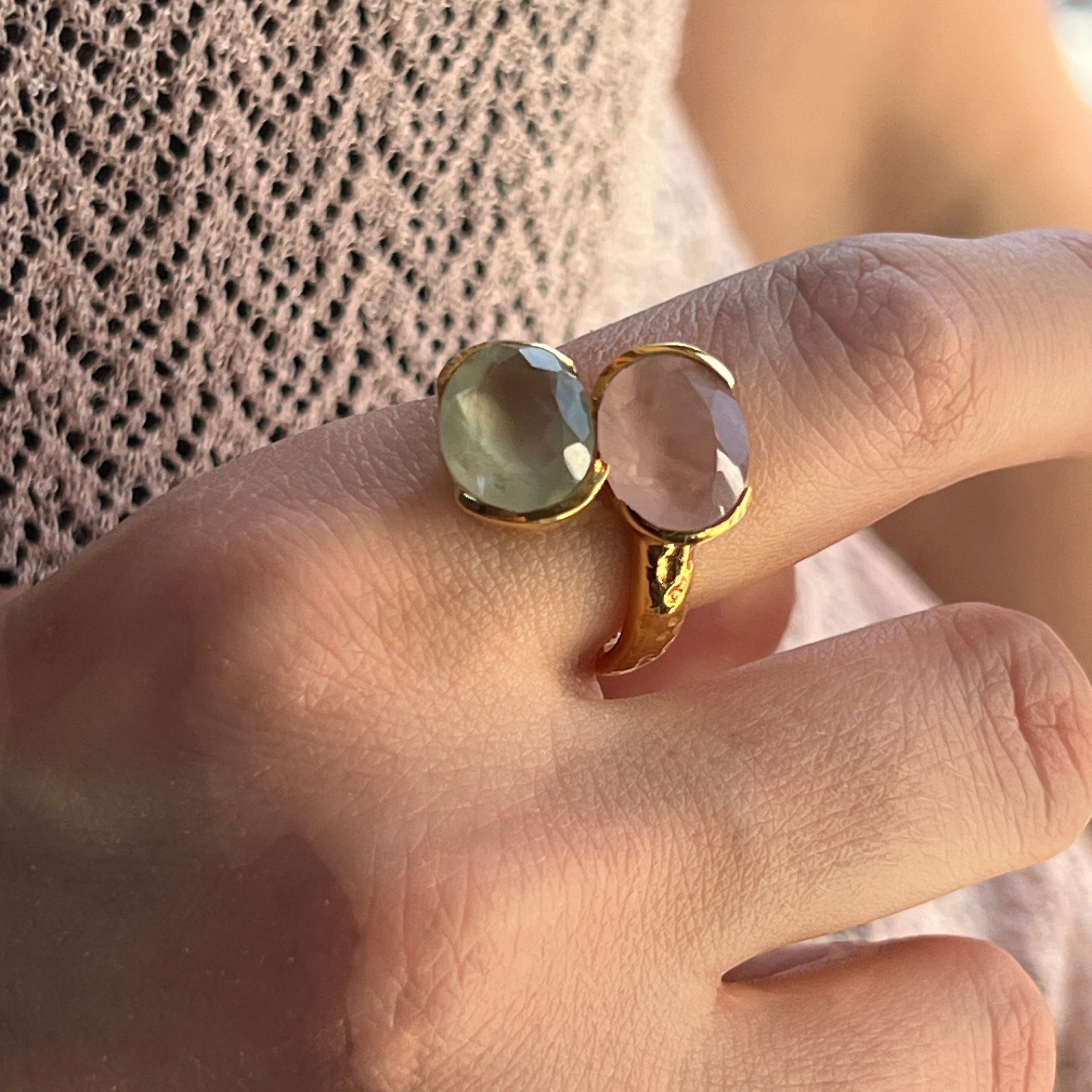Mirabelle Jewellery Felicity ring with rose quartz and prehnite stones, 22ct gold plated brass, adjustable.