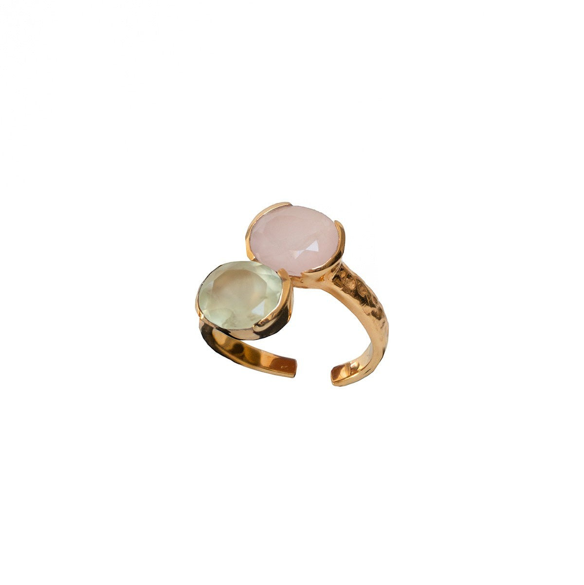 Mirabelle Jewellery adjustable ring with rose quartz and prehnite stones, 22ct gold plated brass.