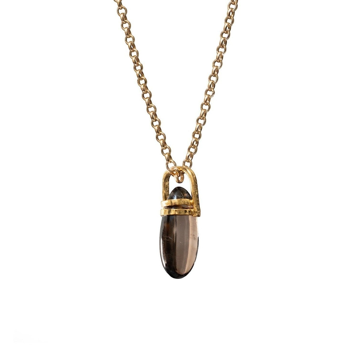Mirabelle Jewellery smoky quartz pebble pendant in 22ct gold plated brass on a delicate belcher chain.