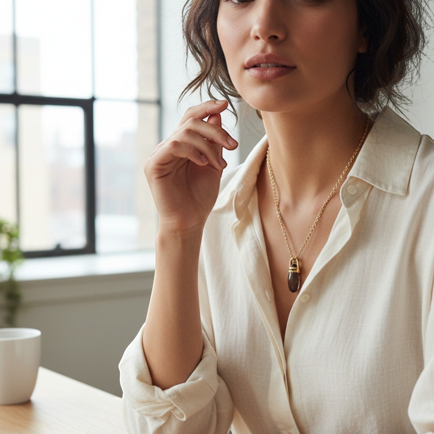 Mirabelle Jewellery smoky quartz pebble pendant with a gold double bridge setting worn on a delicate chain