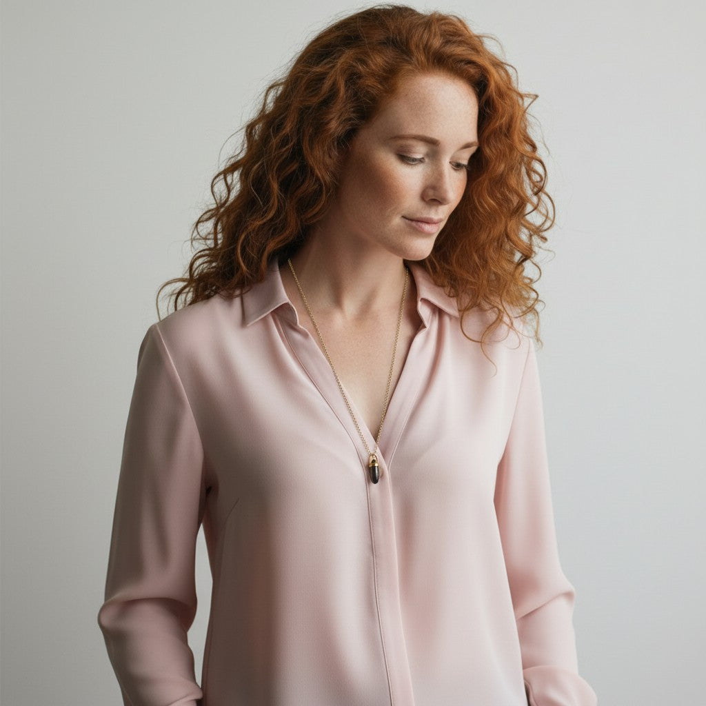 Mirabelle Jewellery smoky quartz pebble pendant in 22ct gold plated brass worn by a woman in a pale pink blouse.
