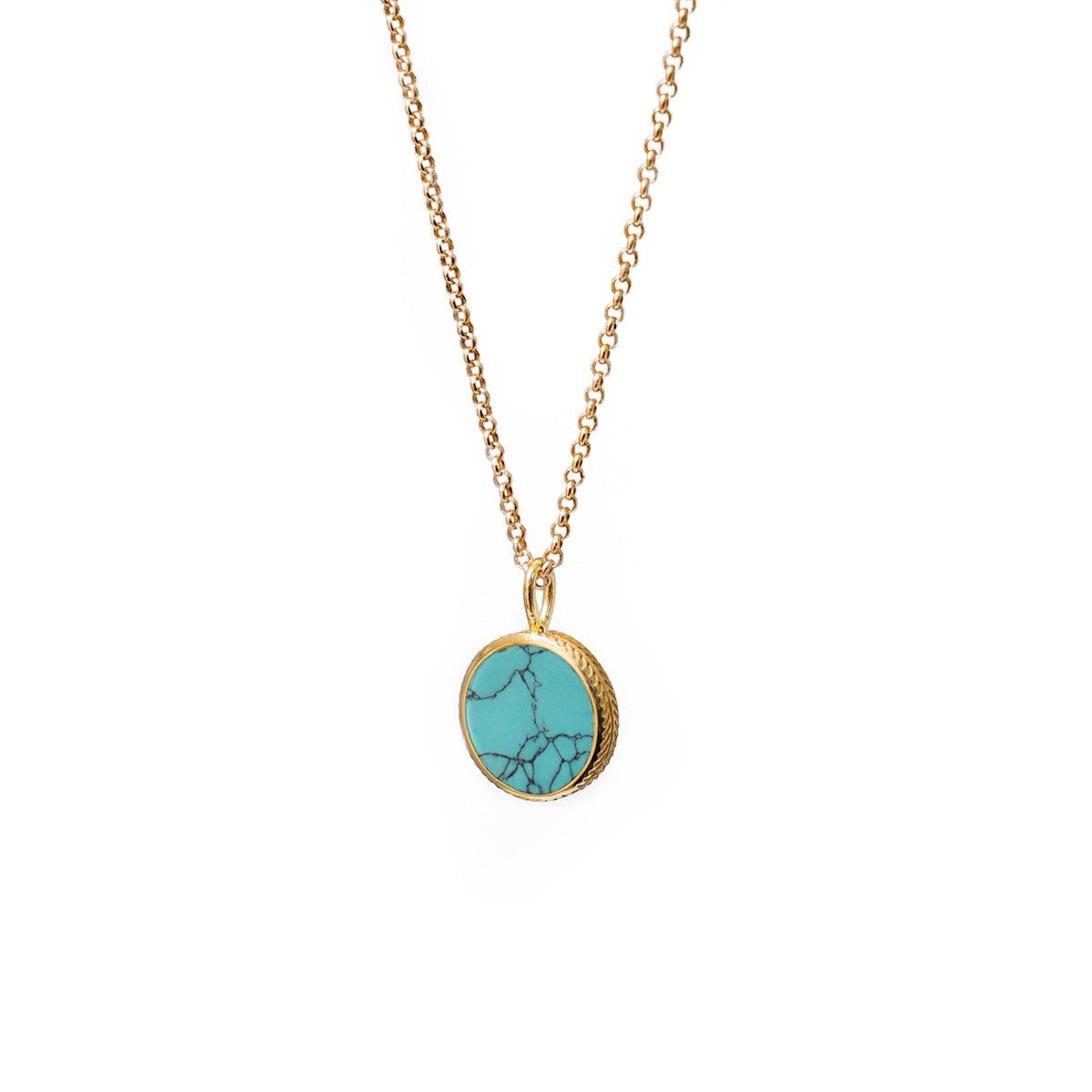 Mirabelle Jewellery double-sided turquoise and lapis pendant on a 22ct gold-plated brass baby belcher chain.