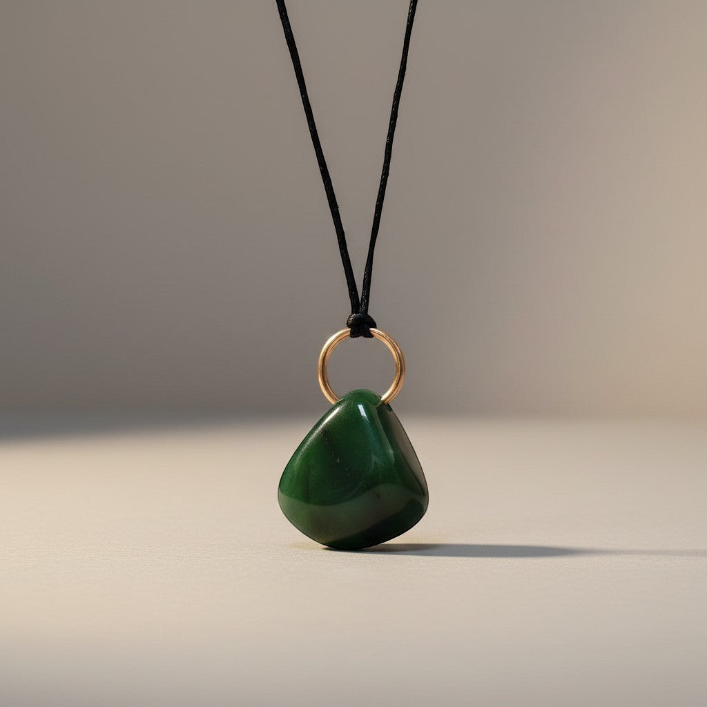Mirabelle Jewellery large dark green Alaskan jade pebble pendant on a black cord with a gold-tone bail.