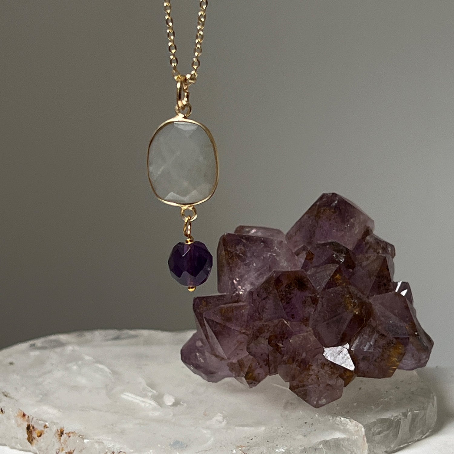 Luna Moonstone Pendant With Amethyst Drop On Long Satellite Chain